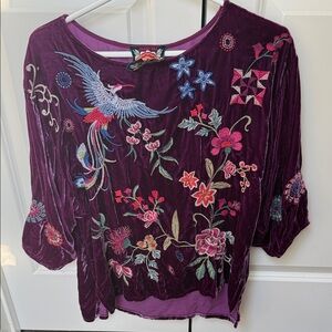 Johnny Was Purple Velvet Embroidered Blouse